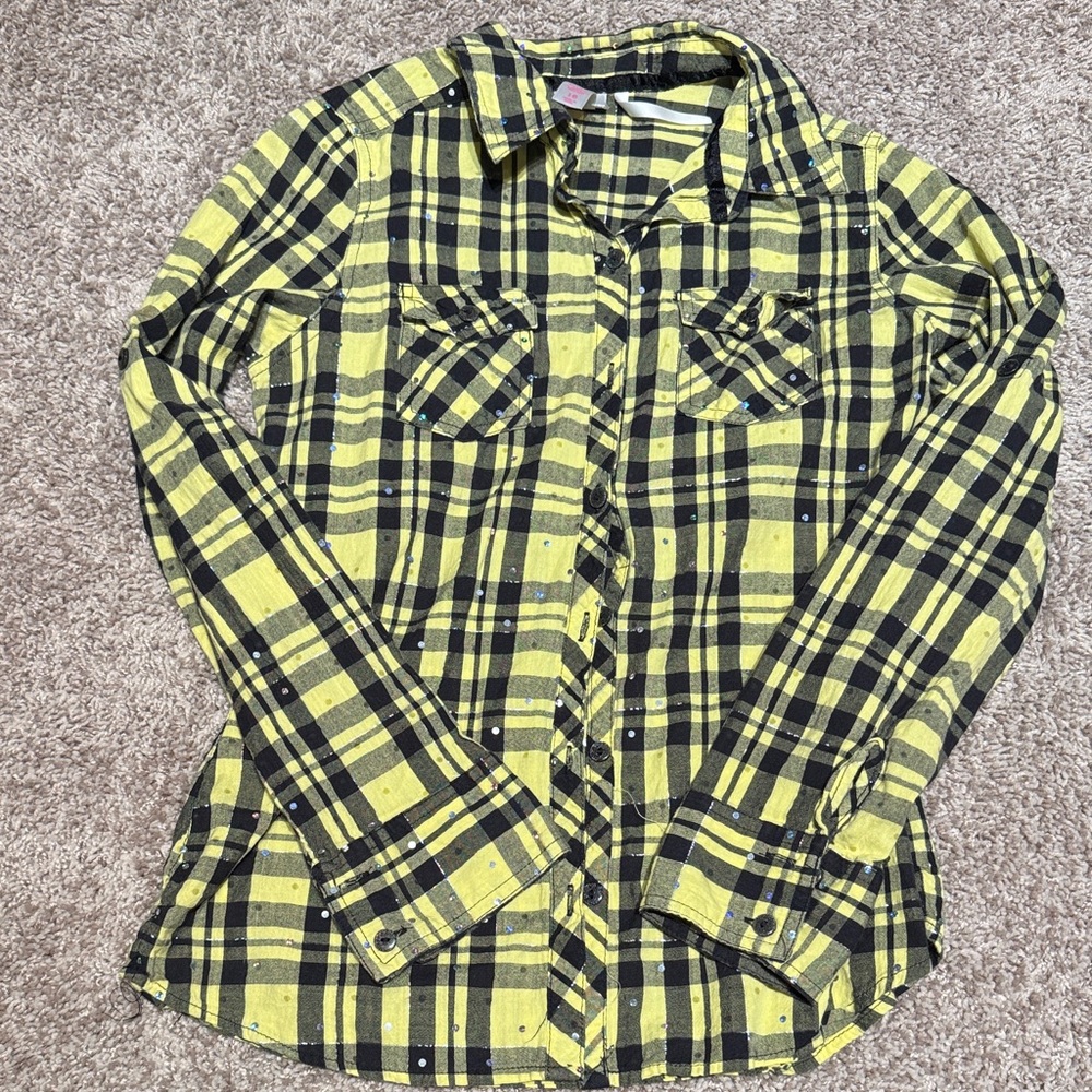 Justice Yellow And Black Plaid ButtonUp Shirt  Aa3